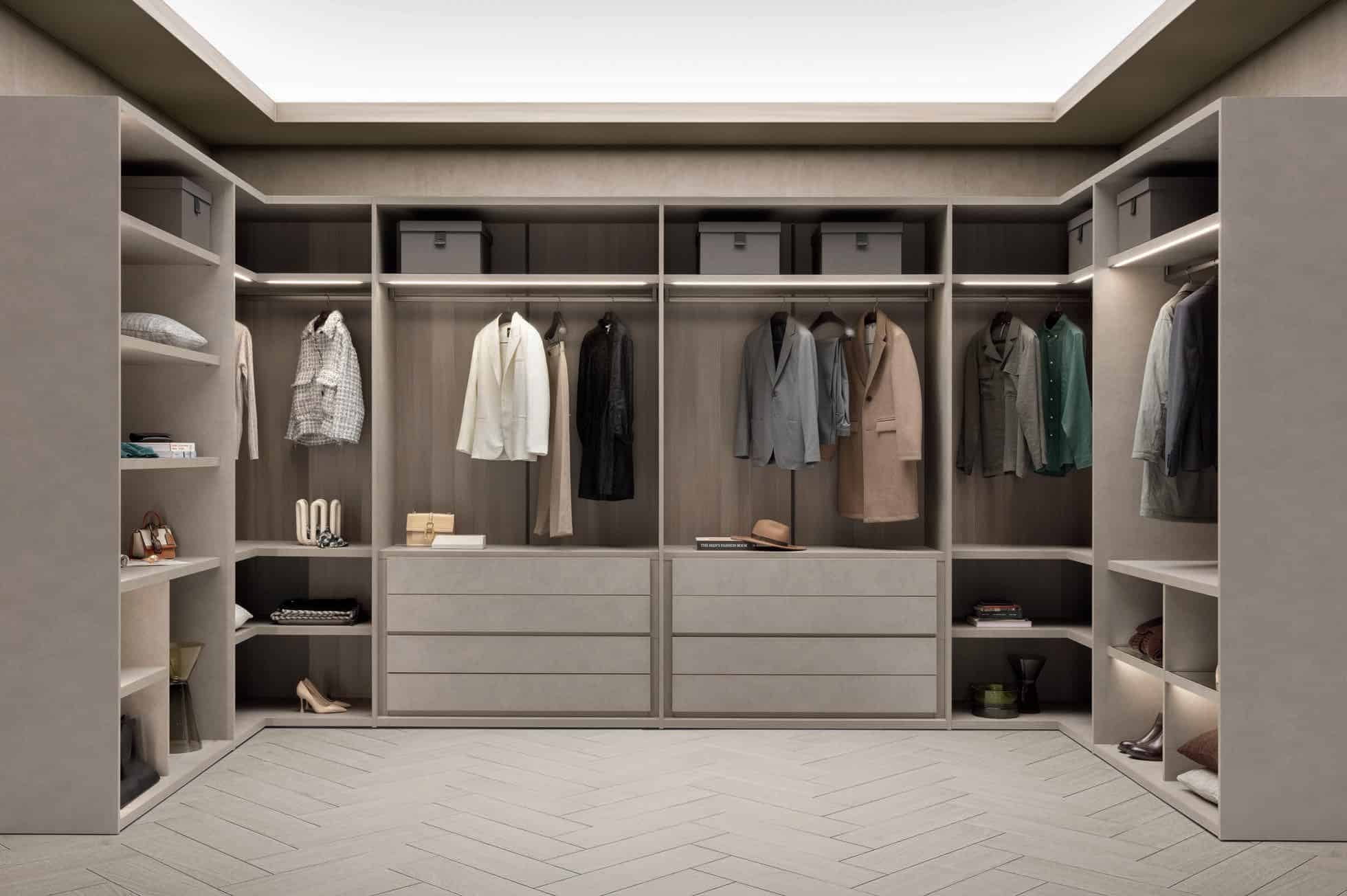 Pianca Sipario without frames, Perlage Terra materico structure, Larice Tortora materico back panels. Drawer units, shelves and partitions in Perlage Terra materico